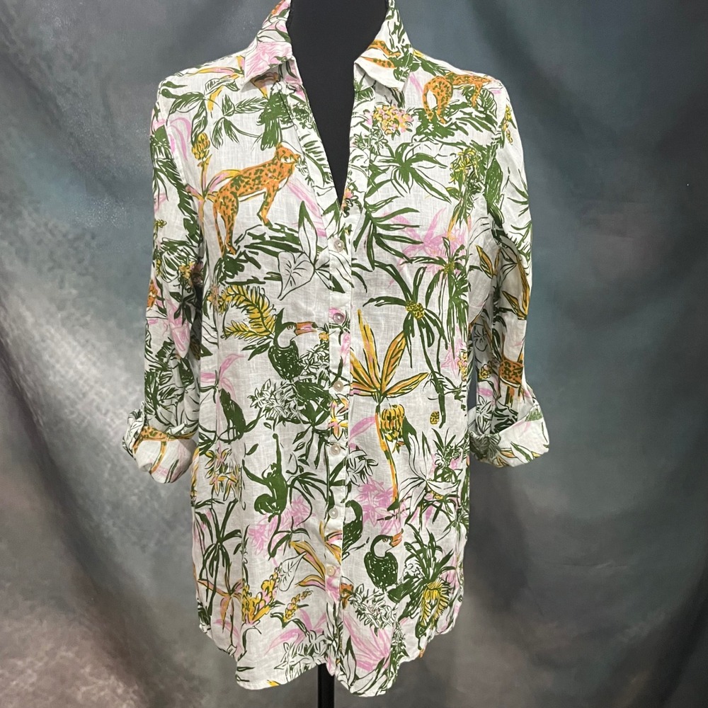 Rachel Zoe 100% Linen Tropical Jungle Print Button Up Shirt White Womens Medium